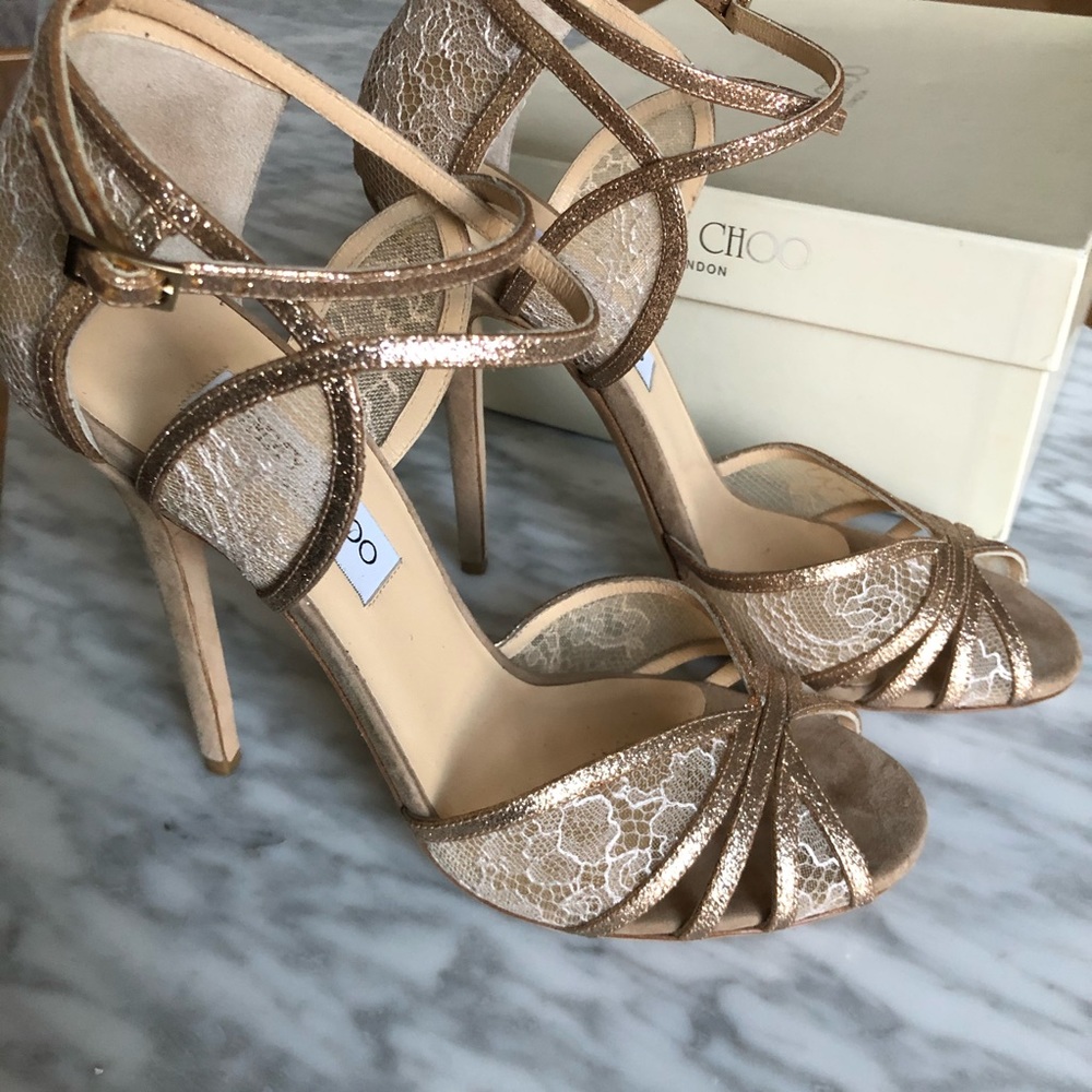 Jimmy Choo nude lace and rose gold heels